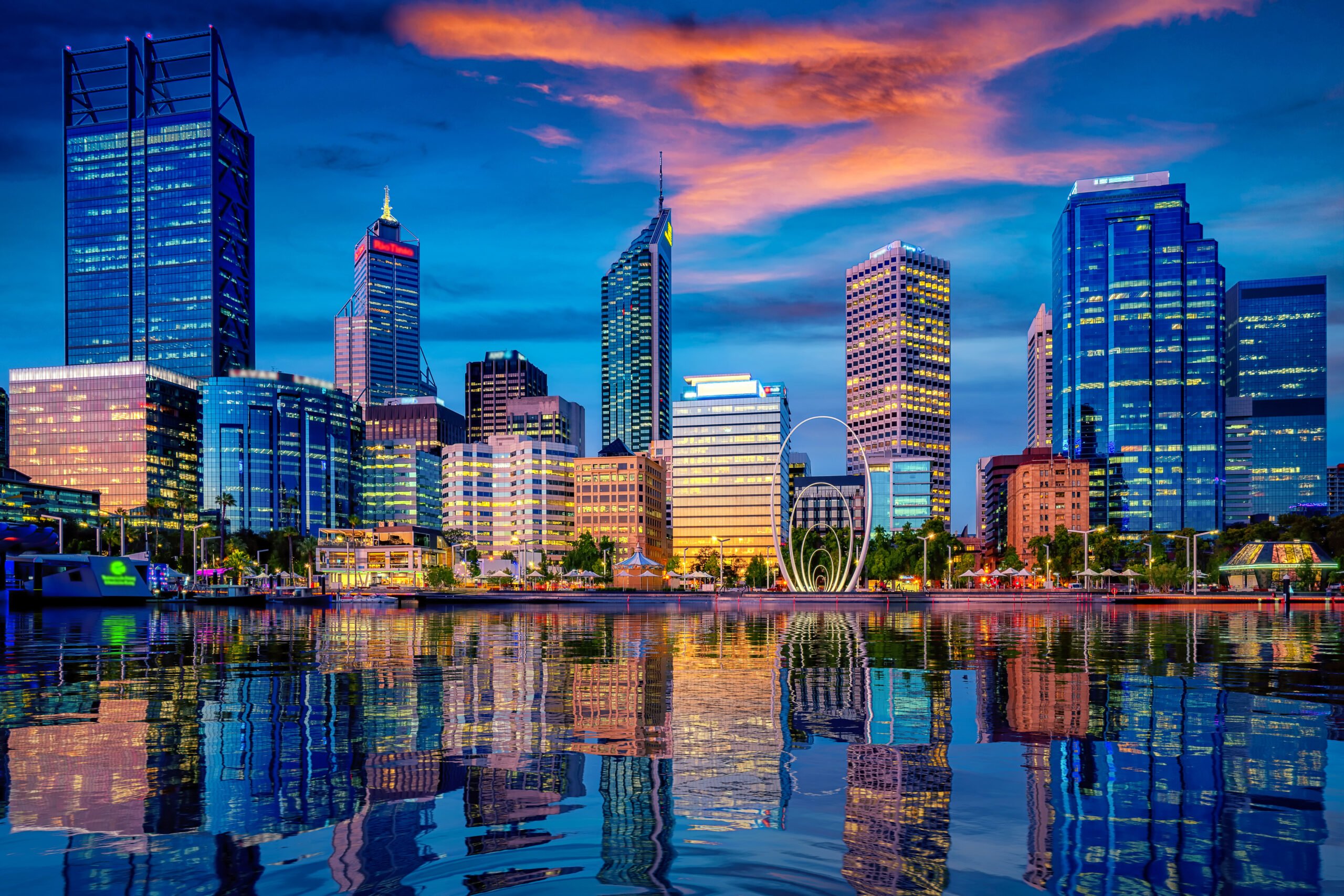 Sunset in Perth city with building and river