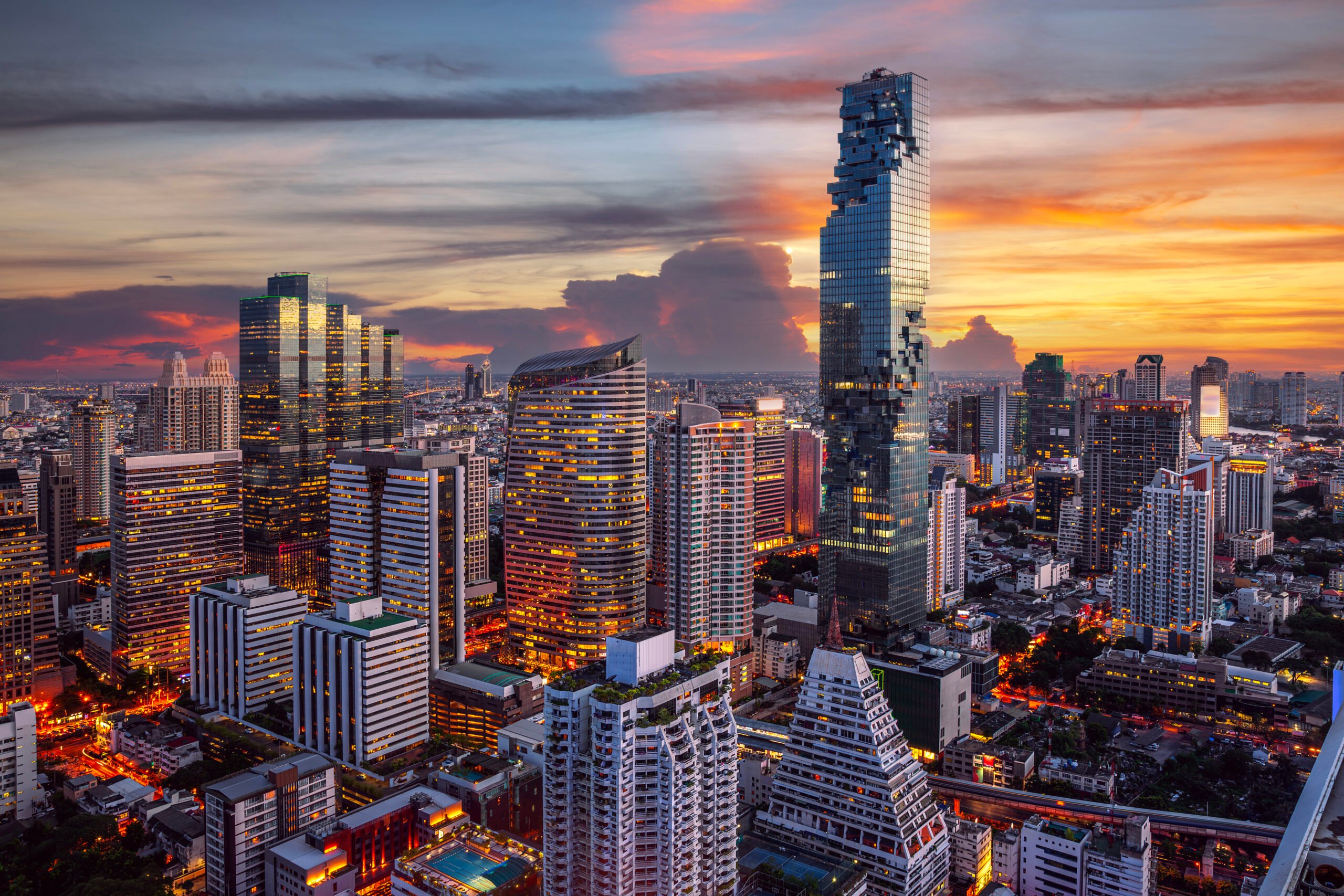 Morning sunrise view of Bangkok city in ratchaprasong area from window of Baiyok hotel room